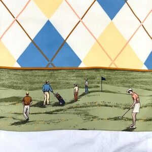 RALPH LAUREN Vintage Silk Square Italian Scarf Green Argyle Golf Scene Crest 34"